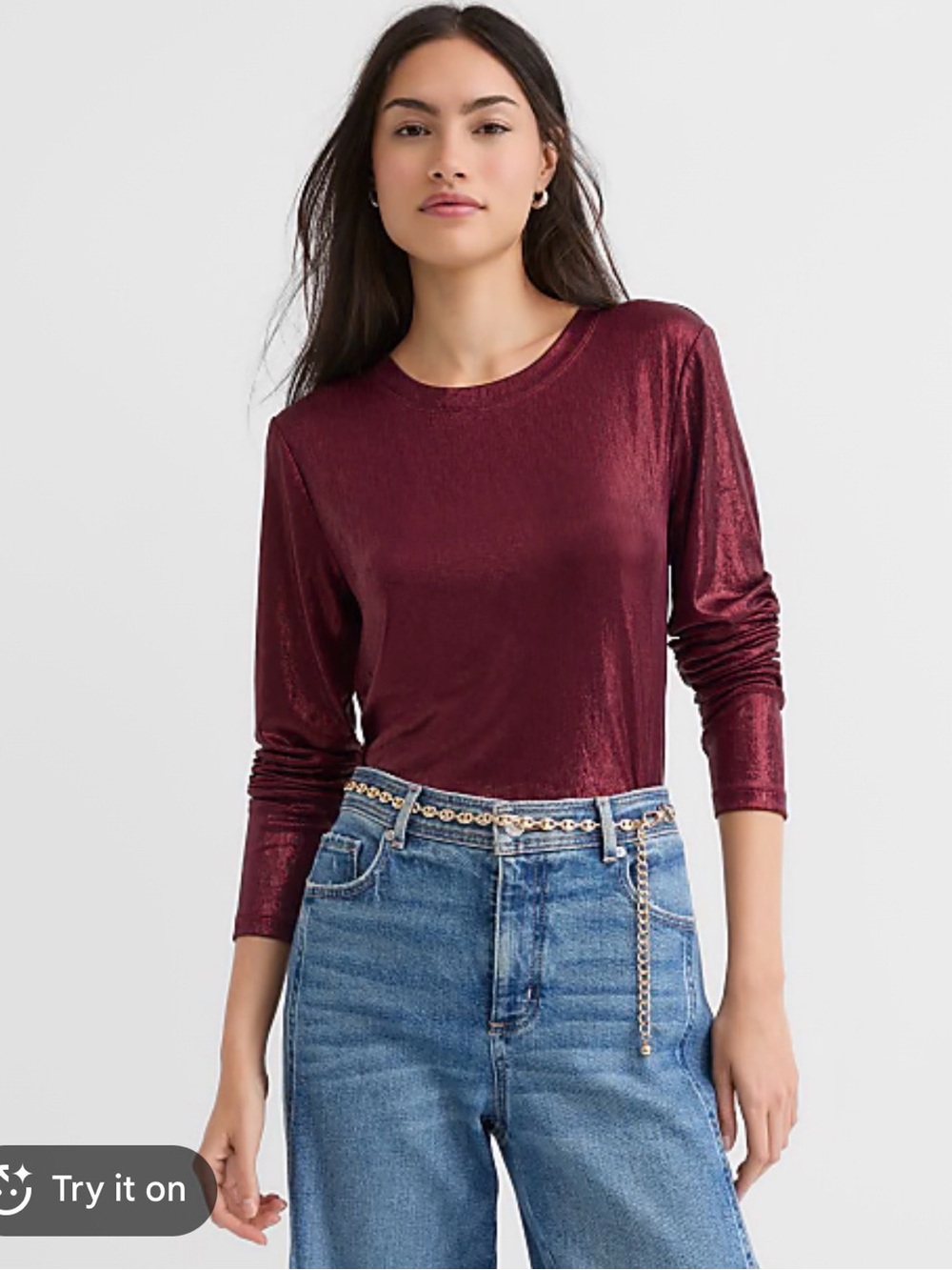 LOFT Shimmery Maroon Long Sleeve Crewneck Top